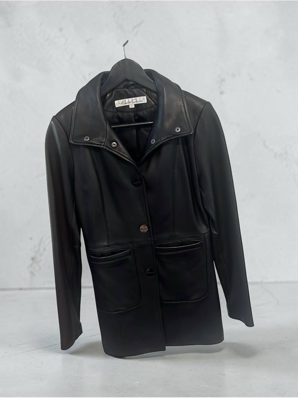 Kenneth Cole Black Leather Button-Front Coat